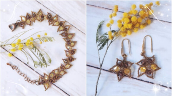 Bracelet et boucles d'oreilles Feuille marrons jaunes bronzes