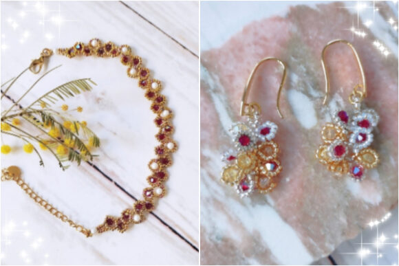 Bracelet et boucles d'oreilles Pétale rouges nacrés dorés