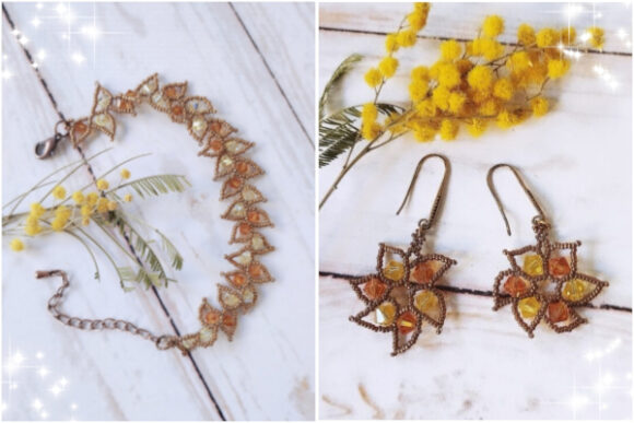 Bracelet et boucles d'oreilles Feuille oranges jaunes bronzes