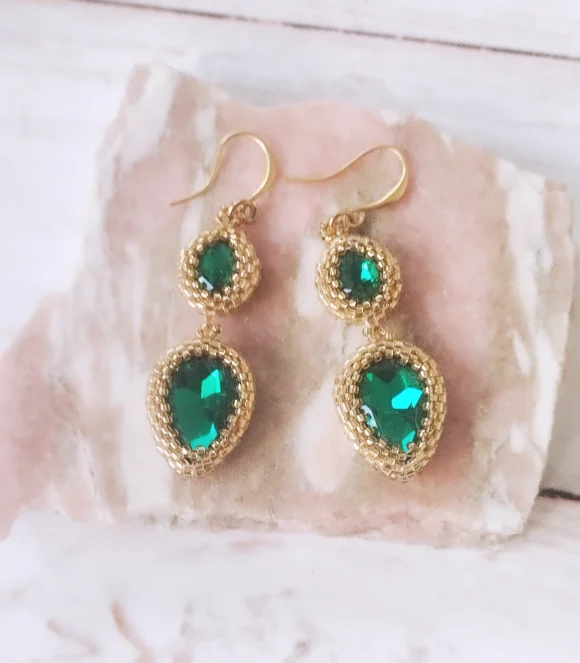 Boucles d'oreilles vertes dorées Gem