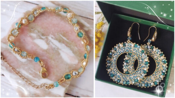 Bracelet et boucles d'oreilles verts dorés collection Galaxy