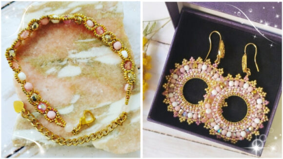 Bracelet et boucles d'oreilles roses dorés collection Galaxy