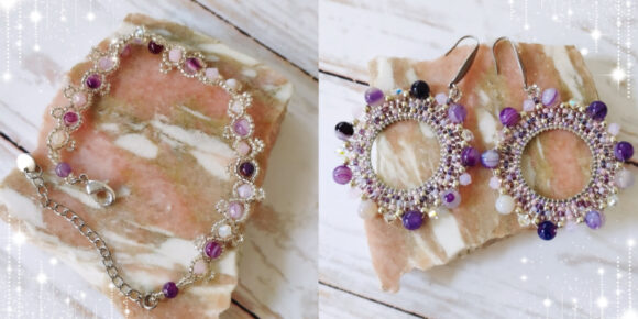 Boucles d'oreilles créoles et bracelet violettes argentées collection Galaxy