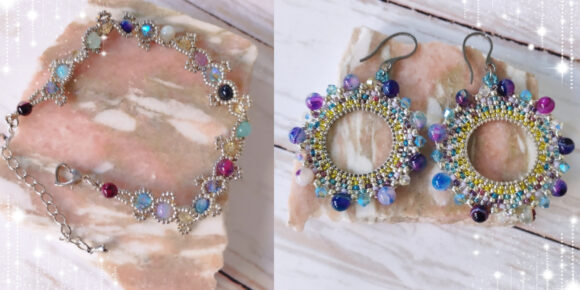 Bracelet et boucles d'oreilles bleu violet argenté collection Galaxy