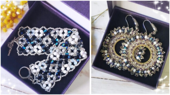 Bracelet et boucles d'oreilles noirs argentés collection Dentelle