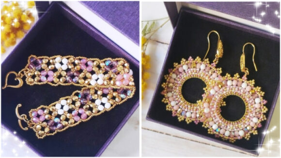 Bracelet et boucles d'oreilles roses dorés collection Dentelle