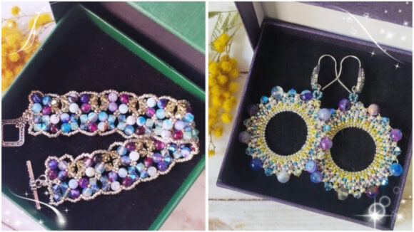 Bracelet et boucles d'oreilles bleus jaunes argentés collection Dentelle