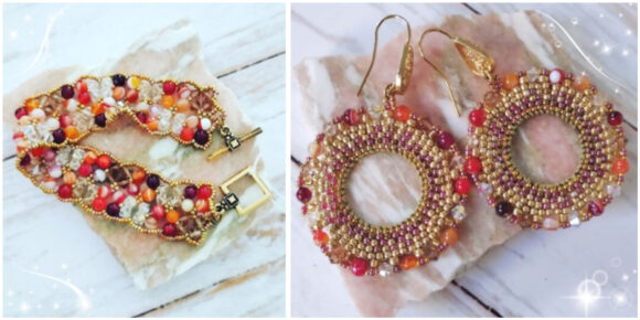 Bracelet et boucles d'oreilles oranges dorés collection Dentelle