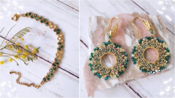 Bracelet et boucles d'oreilles créoles Pétale vertes dorées