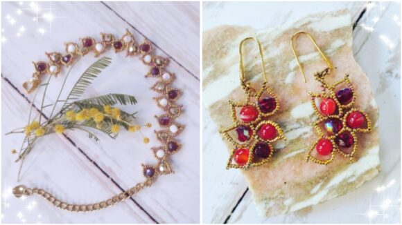 Bracelet et boucles d’oreilles Feuille rouges dorées