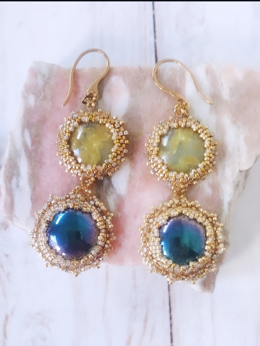 Boucles d'oreilles jaunes bleues dorées Soleil - Collection Nature